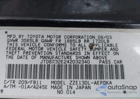 2004 Toyota Corolla Ce z USA, uszkodzony, nr VIN JTDBR32E242032340